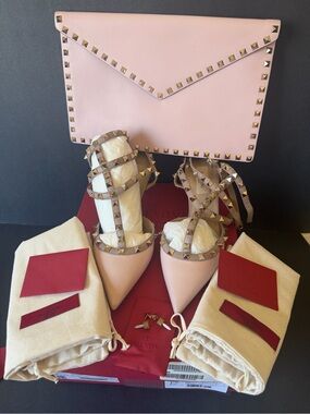 Valentino Garavani Blush Pink Rockstud Pointed-Toe Strappy Pumps with Clutch